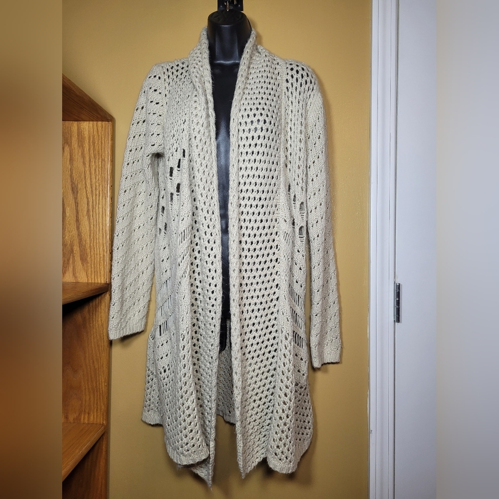 John + Jenn Cream Open Knit Long Line Sweater Cardigan sz L